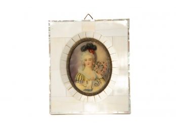 Victorian Miniature Portrait Of Young Women Holding Rose Crown In Bone & Mother Of Pearl Frame