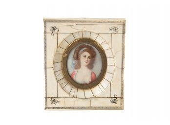 Antique Miniature Portrait Of A Women On A Bone Decorated Frame