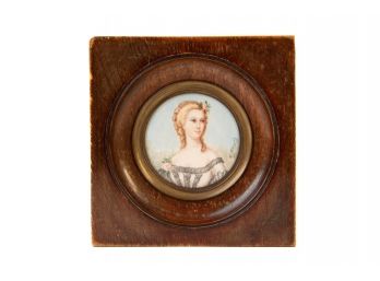 Antique Miniature Portrait Of A Young Women Signed By Artist In Wood Frame