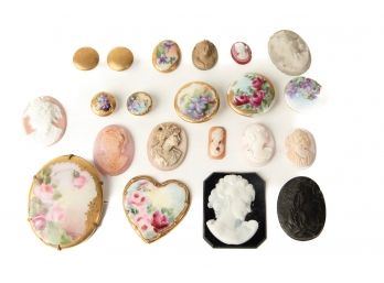 Lot Of Antique Porcelain Hand-Painted Buttons Brooch & Cameos