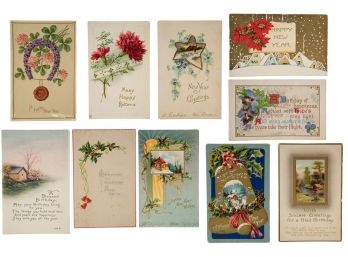Lot Of 10 Antique New Year's And Birthday Postcards