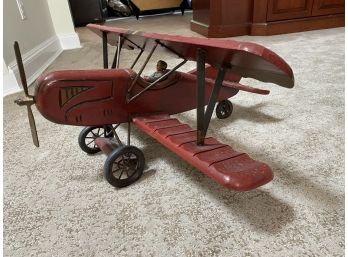 Wood Carved Biplane Fighter Pilot Plane Airplane Steel Wheels Primitive