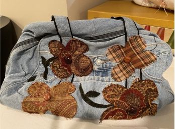 Levi Denim Tote With Appliqued Flowers & Buttons