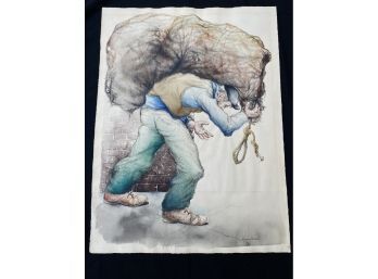 Seymour Rosenthal Water Color-man Carrying Burlap Sack Signed Lower Right
