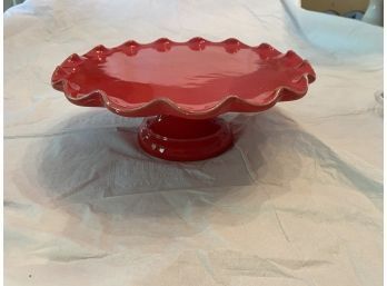 Red Round Cake Plate Scalloped Edge