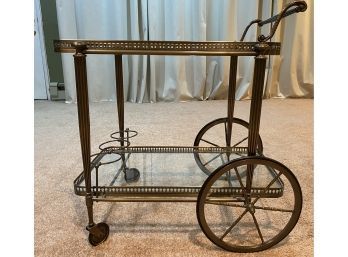 Antique Bar Cart Or Tea Trolley In Brass W/glass Trays