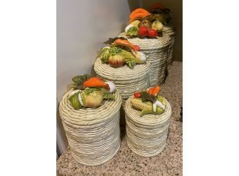 5 Vintage 'Lefton' Vegetable Basket Weave Canister Set