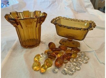 2 Candy Dishes And Loose Amber & Clear Gems
