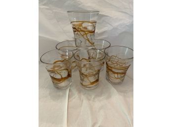 6 Clear & Gold Hand Blown Glasses