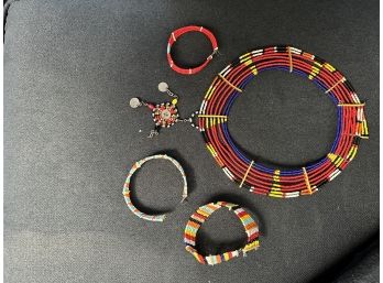 Maasai Disc Beaded Necklace, And 3 Bracelets