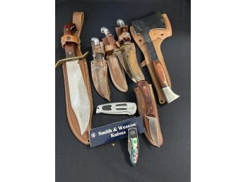 5 Hunting Knives- 1 Hatchet- 2 Smith & Wesson Pocket Knives