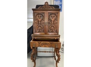 1920's Antique Walnut Hall Desk Boudoir Cabinet Rococo Carved Figures And Cherubs