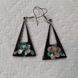 Vintage Drop Dangle Earrings Sterling Silver Inlaid Onyx, Abalone Flower