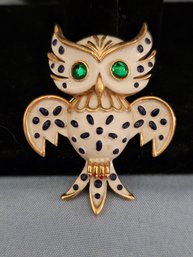 Vintage Trifari White Enamel Green Eye Owl Brooch