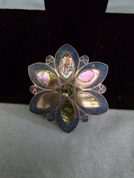 Vintage Sterling Silver Flower With Mother Of Pearl And Abalone