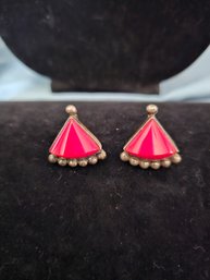 Vintage Red Coral Mexico Triangle Screw On Earrings