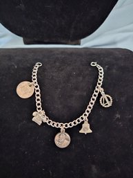 Vintage Sterling Silver Bracelet With 4 Charms And 1 Mercury Dime
