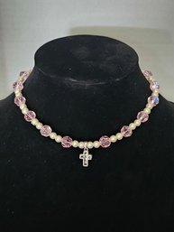 16' Beaded Necklace With Sterling Silver Cross