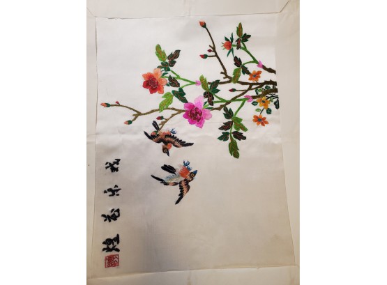 Vintage Asian Silk Art Bird And Flowers