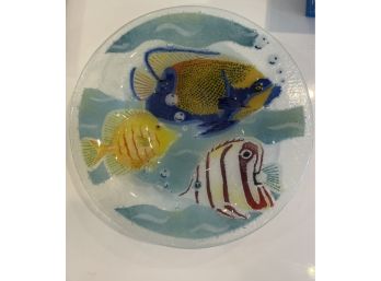 Decorative Bubble Glass Bowl With Painted Tropical Fish 8.5' Diameter