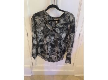 Rebecca Taylor Size 4 Black And White Silk Print Long Sleeve Top