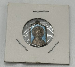 Religious French Catholic Silvered Turquoise Light Blue Enameled Medal Pendant Charm Medallion Of Holy Virgin
