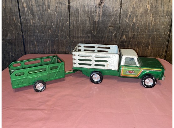 Vintage Green Nylint Farms Pressed Steel Toy Pickup Truck & Trailer