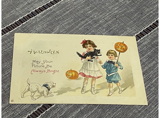 Antique Halloween Postcard - Kids With Jack-O-Lanterns, Black Cat