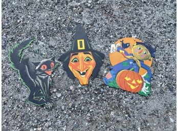 3 Large Vintage Halloween Die Cut Decorations - Black Cat, Witch, Jack-O-Lantern