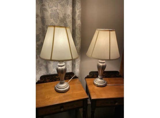 Pair Of Lovely Silver With Gold Accent Cast Metal Table Lamps 'Berm'
