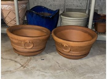 Pair Of Large Low Bucket Style Terracotta Pots With Under Plates