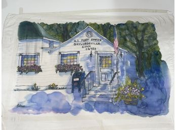 Spectacular Gaylordsville, CT Post Office Watercolor Painting On Silk