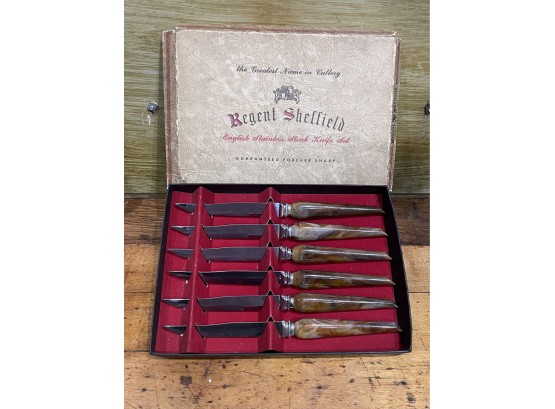 Vintage Sheffield Steak Knives (Set Of 6) In Original Box - Mid Century