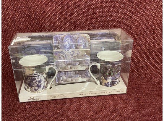Tea For Two Set - Fine China Mugs, Sandwich Tray & Coasters NEW In Box