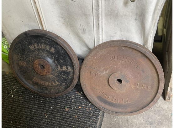 Pair Of Weider 50 Pound Barbell Plates (100 Pounds Total) - Vintage Cast Iron Weights