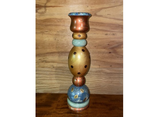 Colorful Hand Painted Wooden Candlestick 1997 Signed Anita Rosenberg