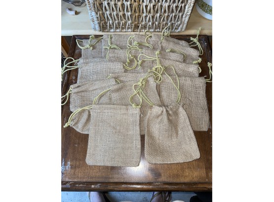 Lot Of 16 Small Burlap Drawstring Bags, Pouches