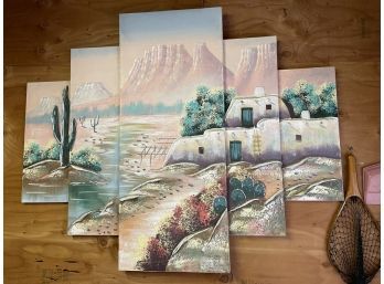Extra Large Multi-Panel Southwest Painting - Adobes On Mountainside - Desert Cactus