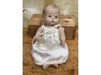 Antique Creepy Plaster Composition Doll With Weighted Eyes