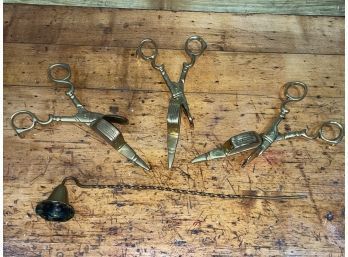 Set Of 3 Vintage Brass Wick Nippers & Candle Snuffer