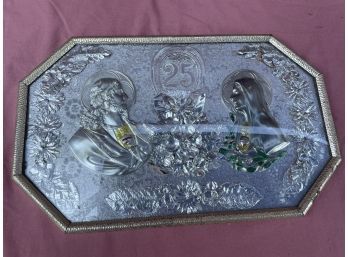 Vintage 3D Silver 25th Anniversary Frame - Domed Glass - Beautiful Religious Wall Hanging