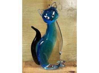 Blue Cat Art Glass Large Paperweight, Sculpture - Designed In Murano