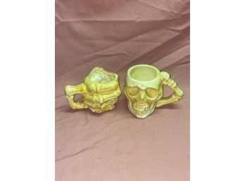 Set Of 2 Skeleton Mugs - Skull & Boney Hand - Halloween Decor