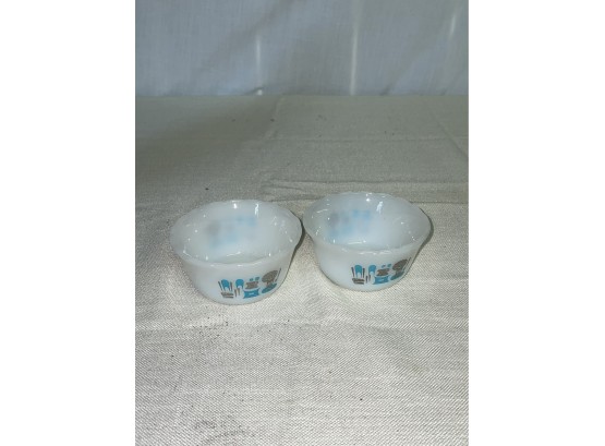 (2) Vintage Blue Heaven Milk Glass Ramekins  Mid-Century Kitchen