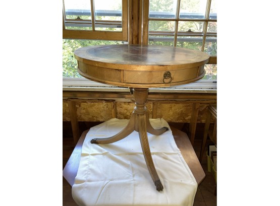 Vintage Round Leather Top Table, Single Drawer