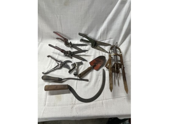 Lot Of Vintage Lawn & Garden Tools - Clippers, Hand Scythe, Mole Trap