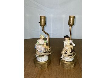 Pair Of Vintage Ceramic Lamps - Man & Woman With Dogs