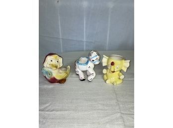 Lot Of 3 Cute Vintage Ceramic Planters - Duck, Horse, Elephant