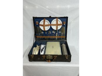 Very Cool Vintage Travel Picnic Set In Case - Enamelware, Thermos & More