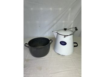 Vintage Enamelware Lot - Large White Vollrath Coffee Pot & Other Pot